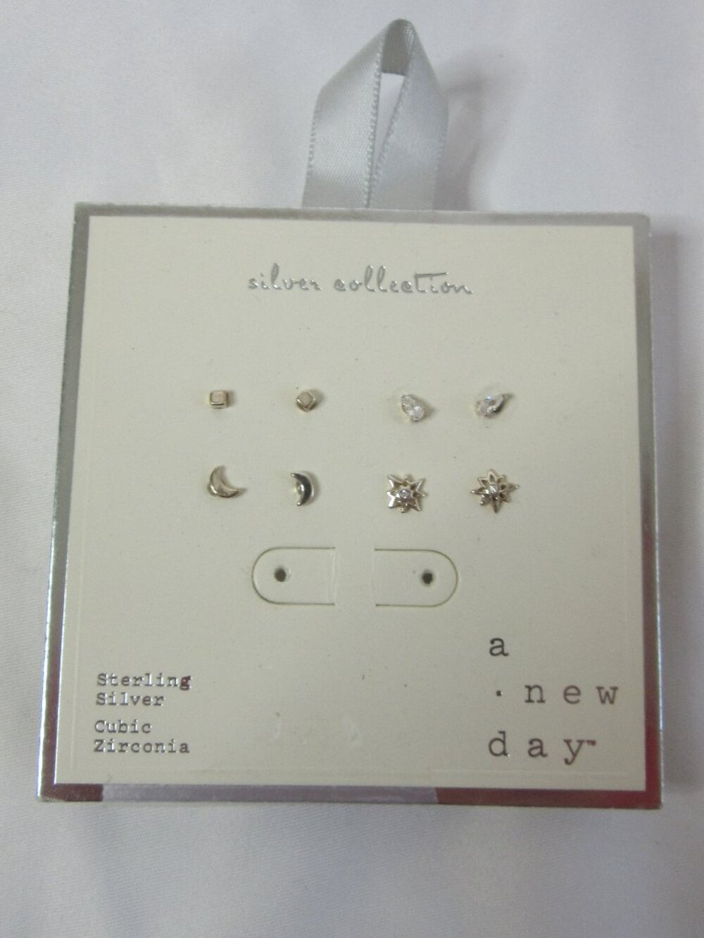 a new day Stud Earrings Sterling Silver Cubic Zirconia 4 Pairs Moon Stars NWT